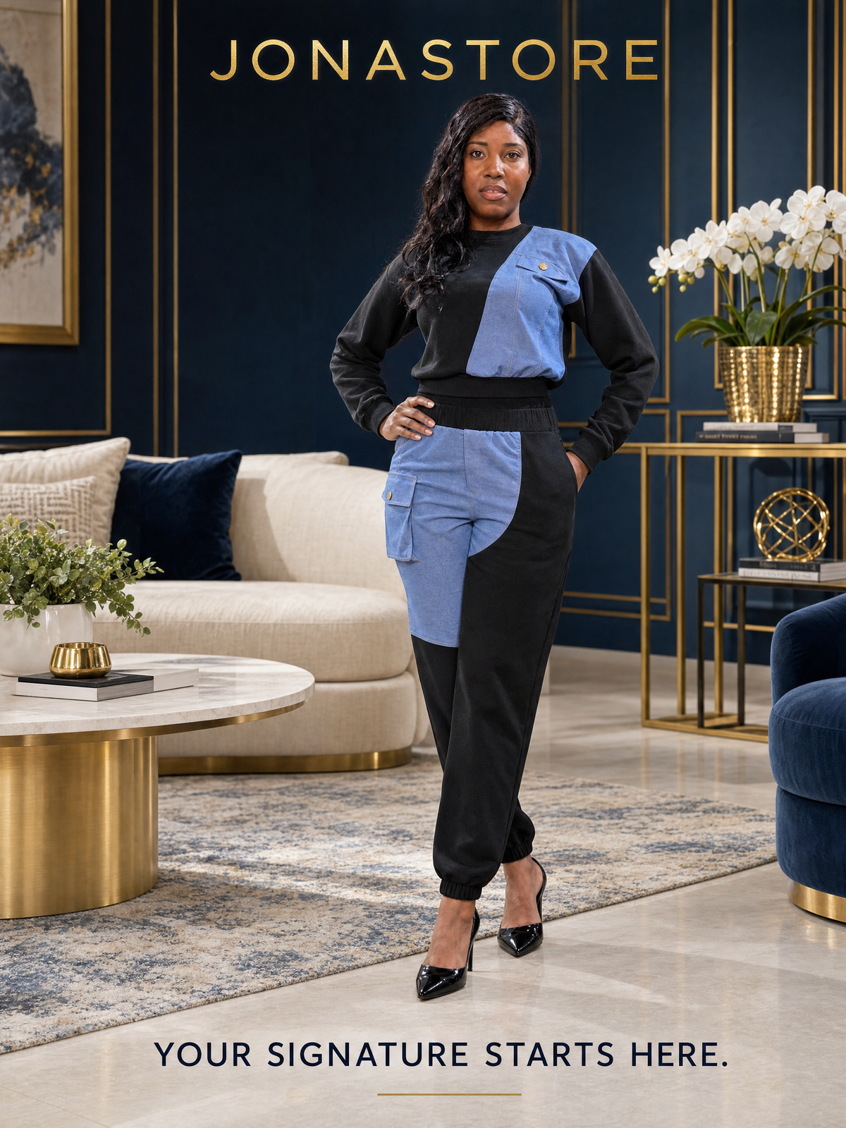 French Terry Color Block Denim Detail Top Pockets Pants Set