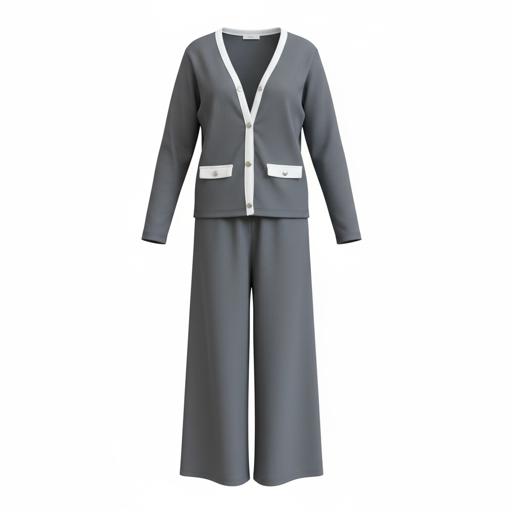 Ribbed Knit Cardigan & Wide-Leg Pants Set