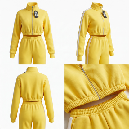 Women's Yellow Two Piece Tracksuit Set Cropped Zip Jacket Jogger Pants Size M