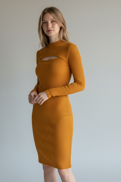 Mustard Ribbed Cutout Bodycon Dress