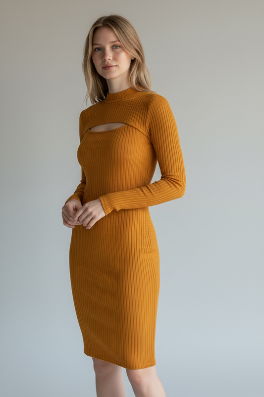 Mustard Ribbed Cutout Bodycon Dress