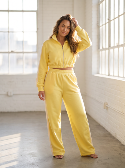 Women's Yellow Two Piece Tracksuit Set Cropped Zip Jacket Jogger Pants Size M