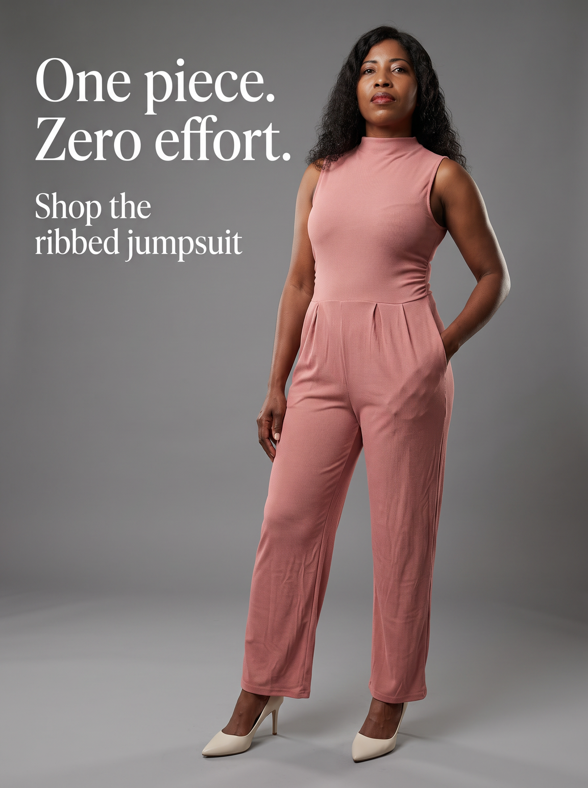 NEW Dusty Pink Ribbed Mock Neck Jumpsuit – Size L – Sleeveless Wide Leg with Pockets