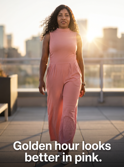 NEW Dusty Pink Ribbed Mock Neck Jumpsuit – Size L – Sleeveless Wide Leg with Pockets