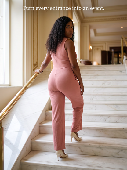NEW Dusty Pink Ribbed Mock Neck Jumpsuit – Size L – Sleeveless Wide Leg with Pockets