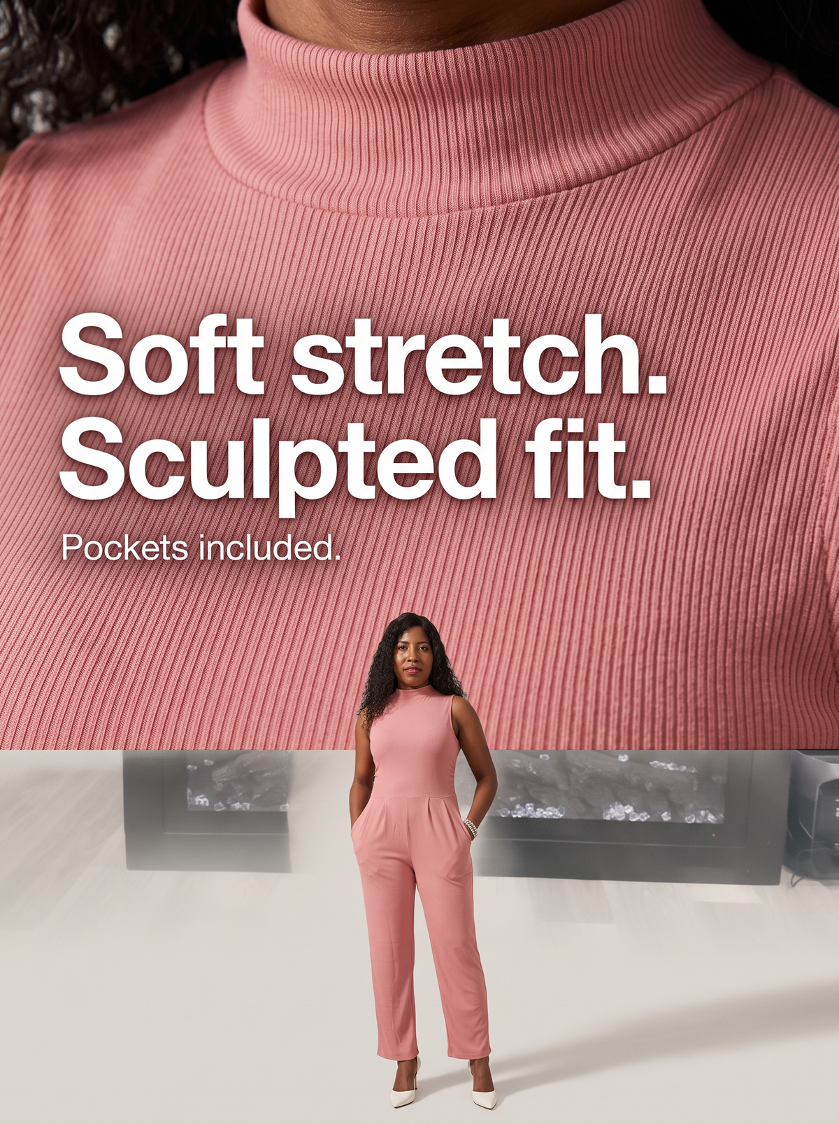 NEW Dusty Pink Ribbed Mock Neck Jumpsuit – Size L – Sleeveless Wide Leg with Pockets