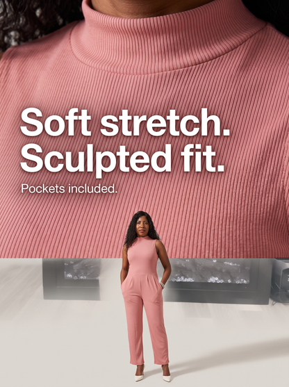 NEW Dusty Pink Ribbed Mock Neck Jumpsuit – Size L – Sleeveless Wide Leg with Pockets