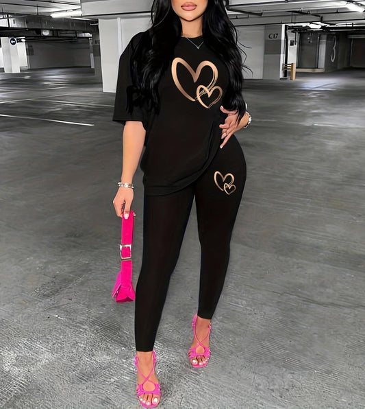 Women’s Heart Print Tracksuit set — Casual Comfort Fit