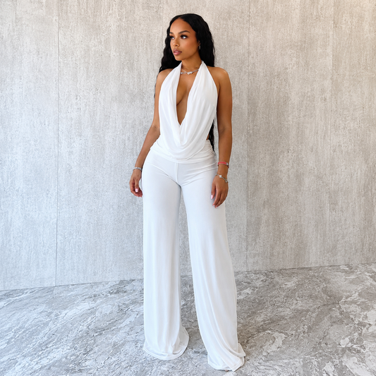 Women’s Luxe Backless Halter Wide-Leg Jumpsuit Set
