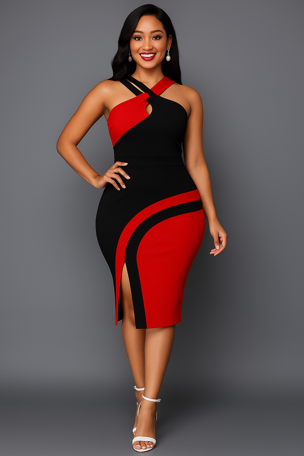 Smiling woman in black and red colorblock sleeveless midi dress with front slit and white heels