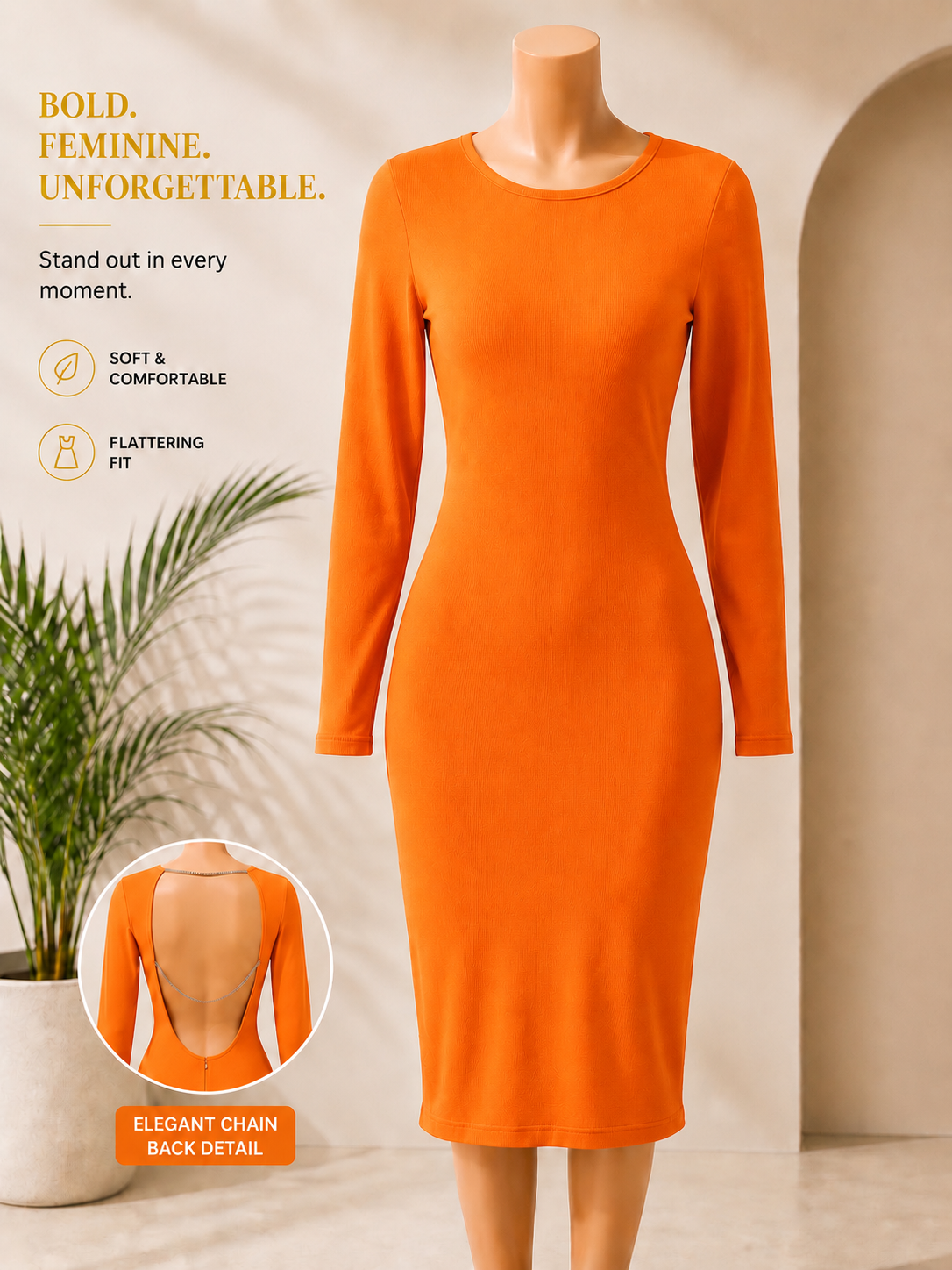 Elegant Chain-Back Bodycon Midi Dress