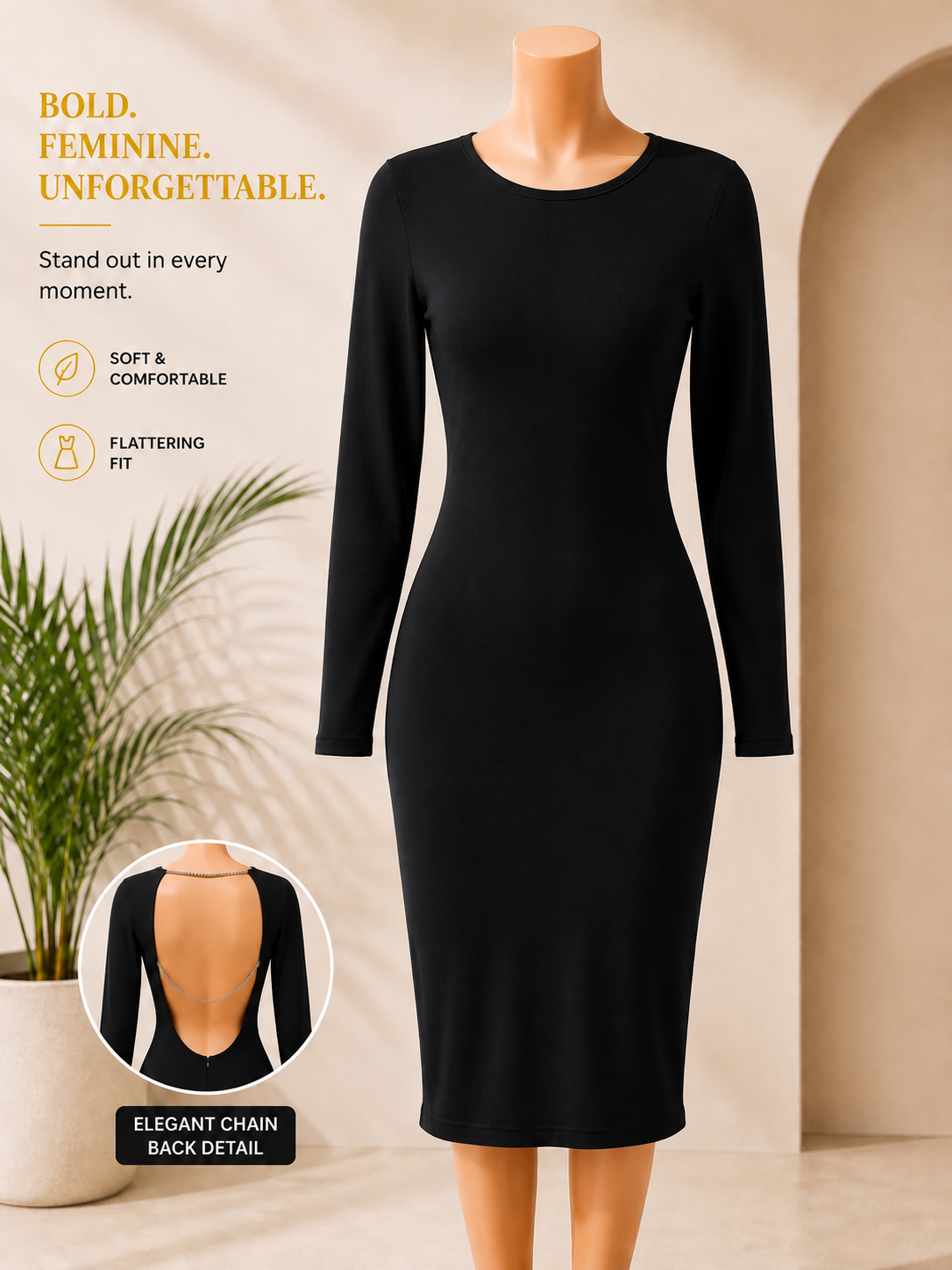 Elegant Chain-Back Bodycon Midi Dress