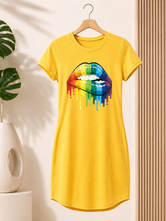 Rainbow Lips Graphic T-Shirt Dress