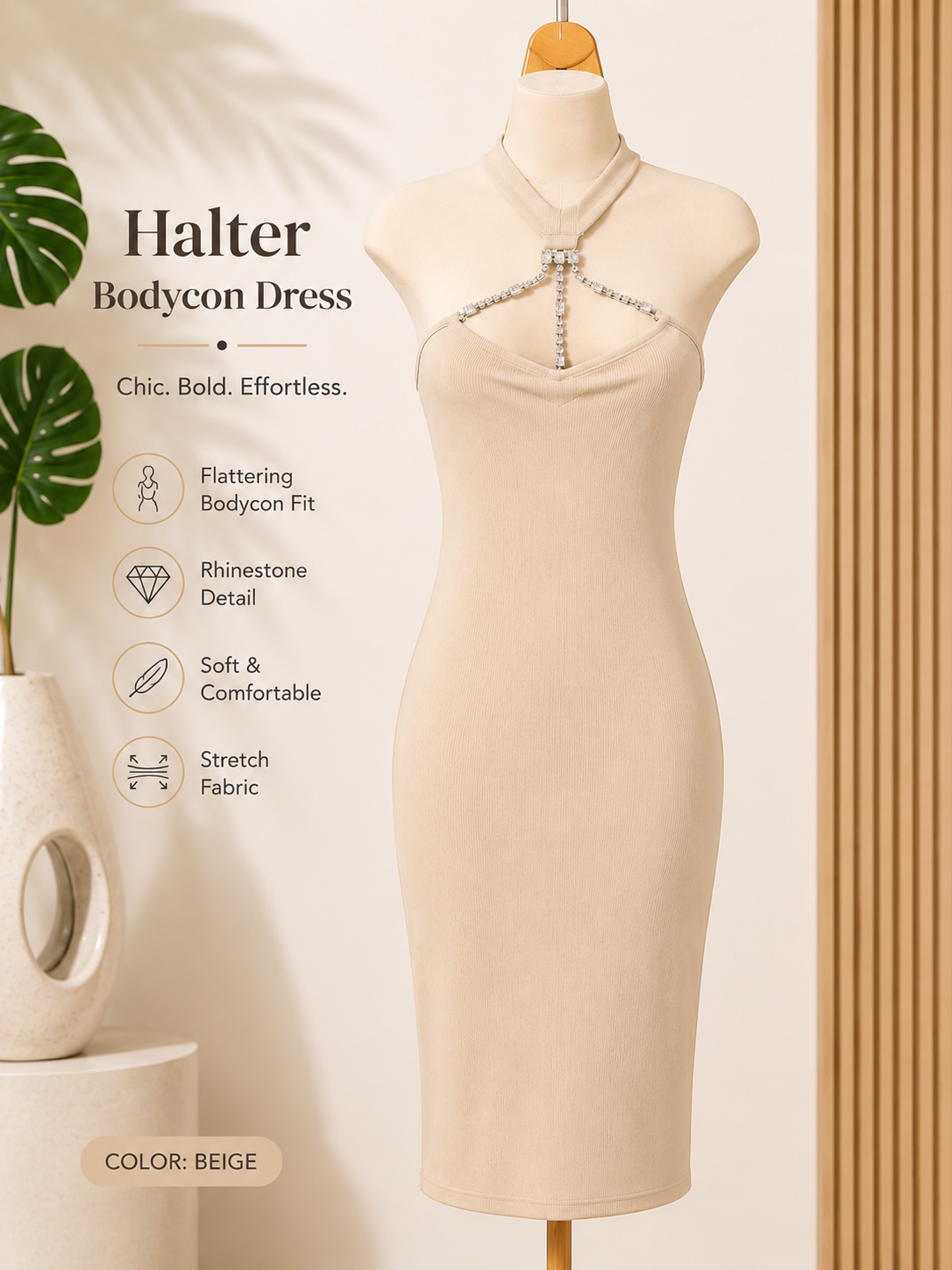 Midnight Elegance Rhinestone Halter Bodycon Dress