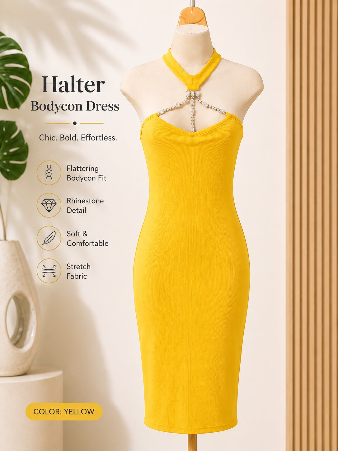 Midnight Elegance Rhinestone Halter Bodycon Dress