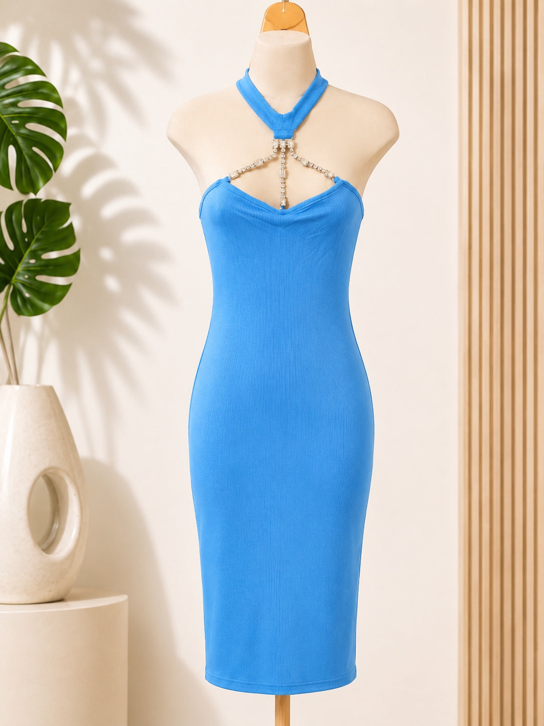 Midnight Elegance Rhinestone Halter Bodycon Dress