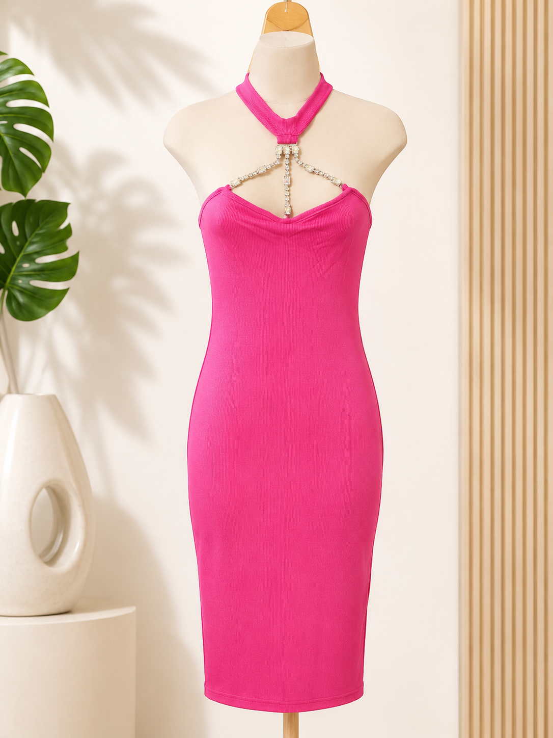 Midnight Elegance Rhinestone Halter Bodycon Dress
