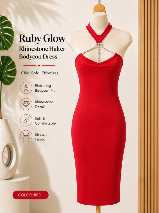 Midnight Elegance Rhinestone Halter Bodycon Dress