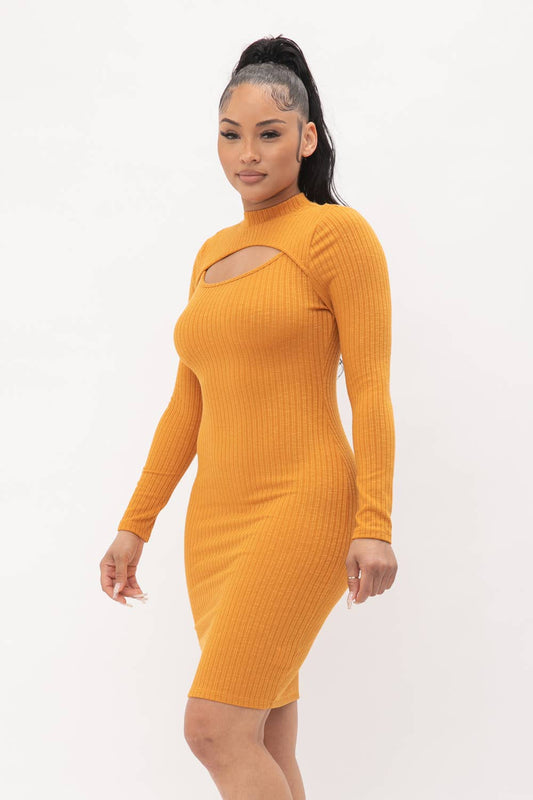 Mustard Ribbed Cutout Bodycon Dress