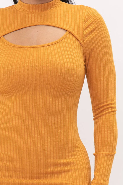 Mustard Ribbed Cutout Bodycon Dress
