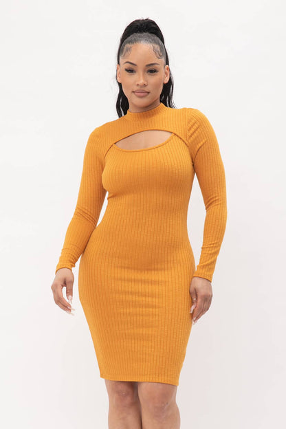 Mustard Ribbed Cutout Bodycon Dress