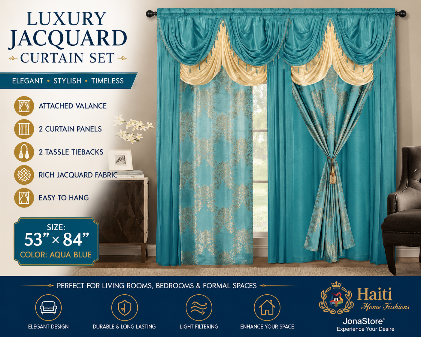Luxury Aqua Blue Jacquard Curtain Set with Attached Valance – 2 Panels