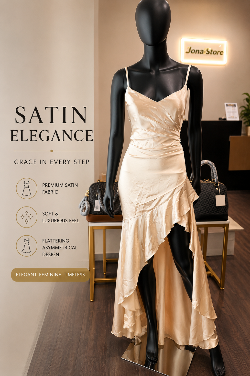 Champagne Satin High-Low Evening Dress