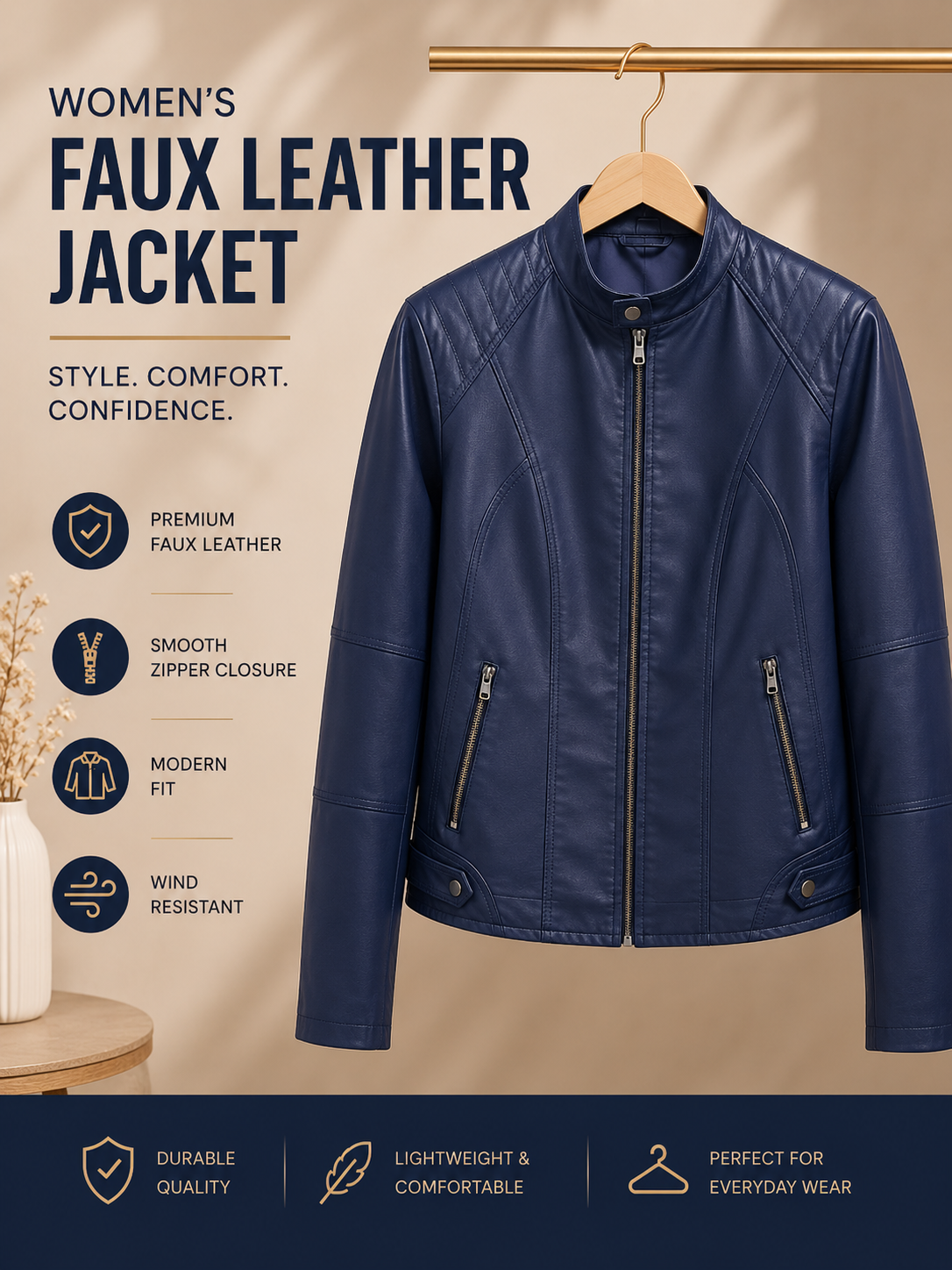 Women’s Faux Leather Jacket – Navy Blue
