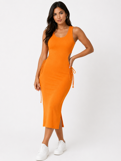 Women’s Ribbed Side-Tie Midi Dress – Orange