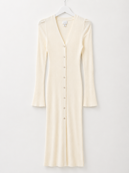 Women’s Ribbed Button-Front Midi Dress – Cream