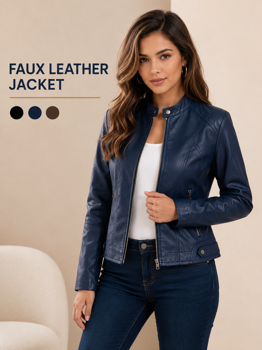 Women’s Faux Leather Jacket – Navy Blue