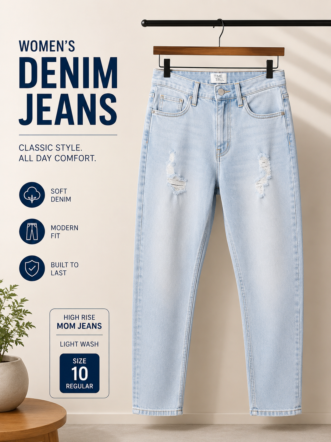 Time and Tru Women’s High-Rise Mom Jeans – Light Wash