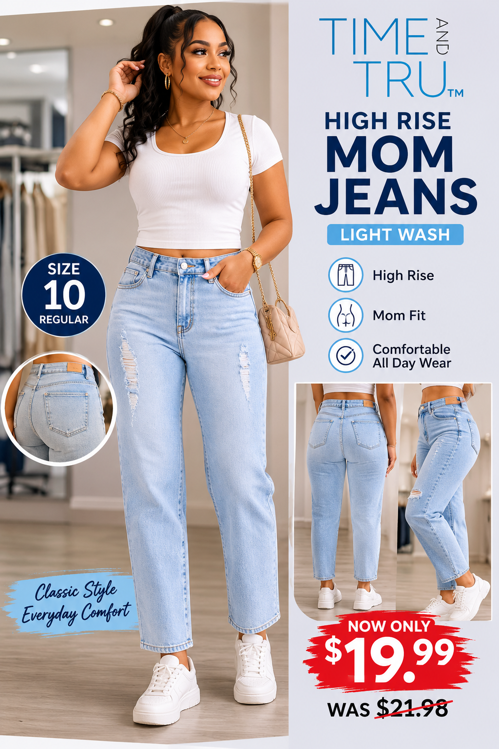Time and Tru Women’s High-Rise Mom Jeans – Light Wash