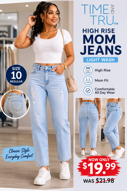 Time and Tru Women’s High-Rise Mom Jeans – Light Wash