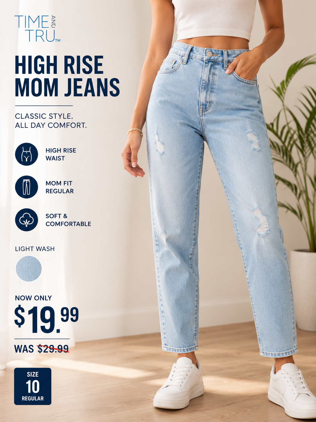Time and Tru Women’s High-Rise Mom Jeans – Light Wash