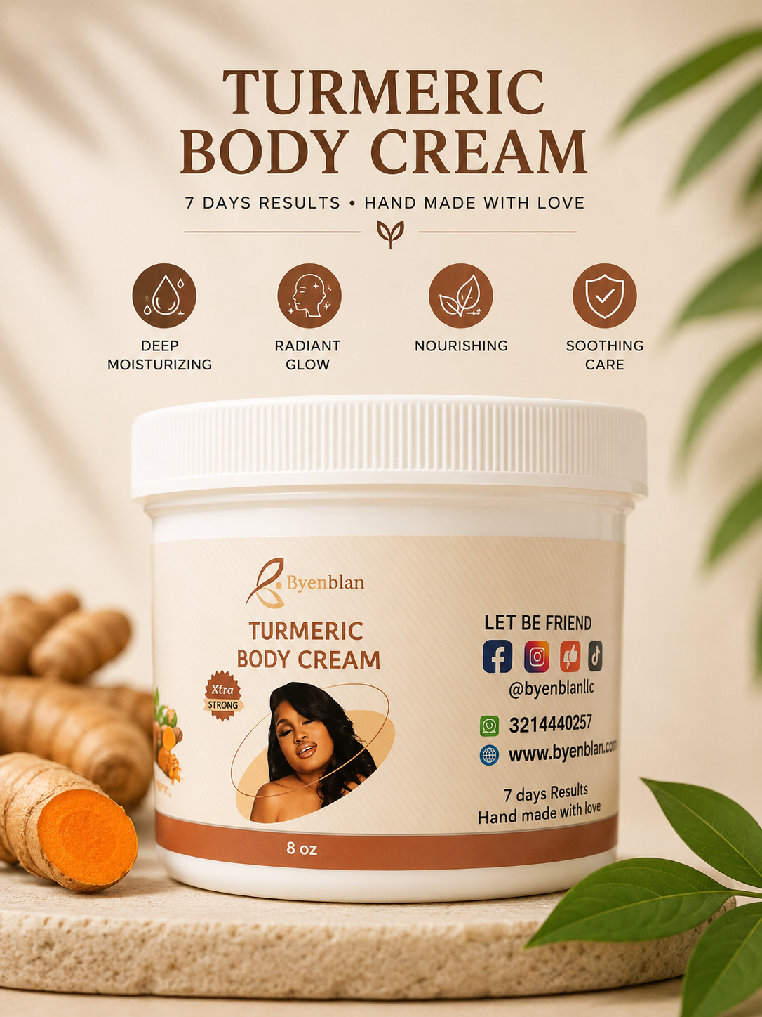 Byenblan Turmeric Body Cream – Extra Strong Brightening & Moisturizing Cream (8 oz)