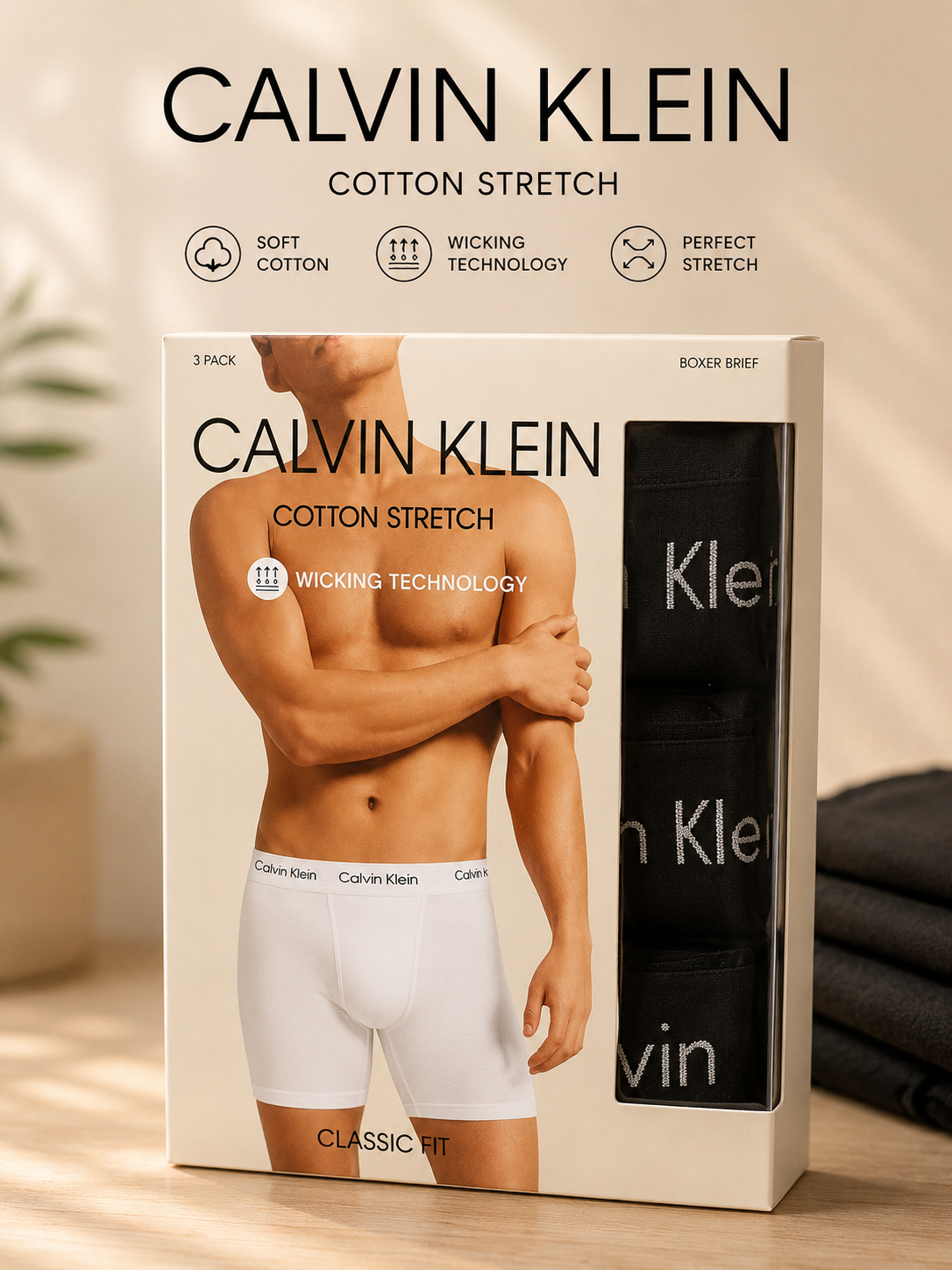 Calvin Klein Cotton Stretch Boxer Briefs – 3 Pack, Classic Fit, Moisture-Wicking (Black, Size L)