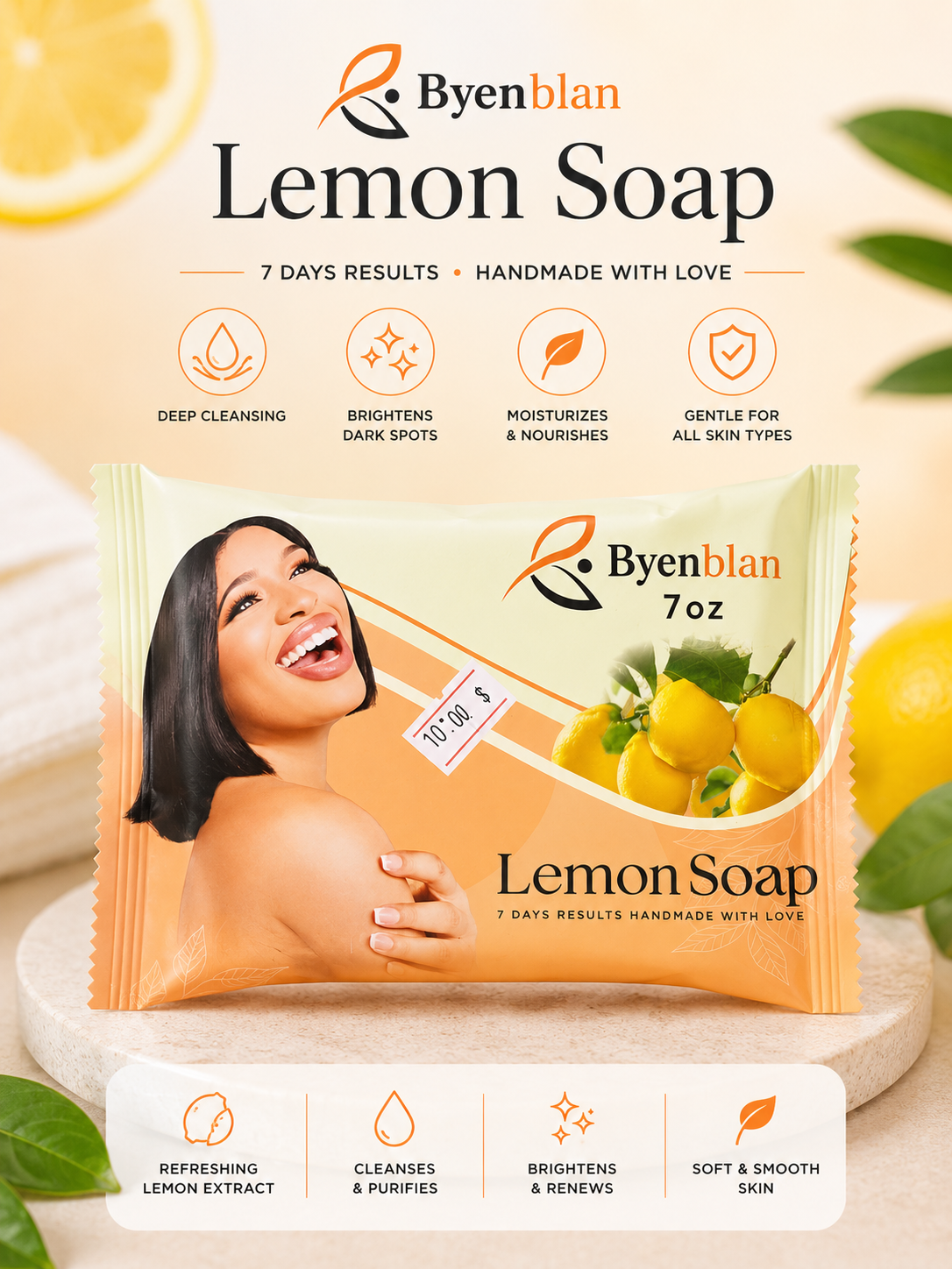 Byenblan Lemon Face & Body Soap – Brightening & Moisturizing Bar | 7 oz