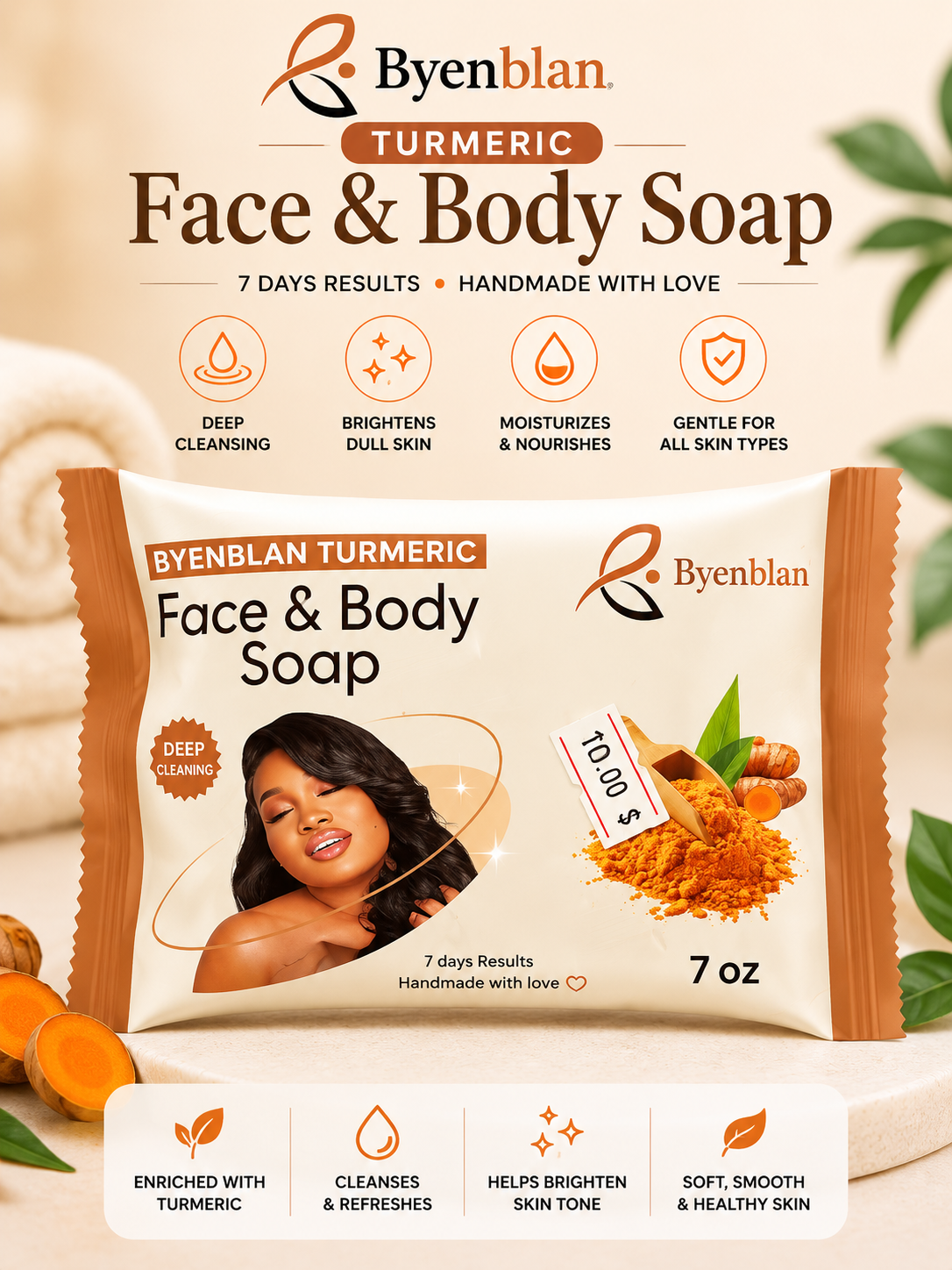 Byenblan Turmeric Face & Body Soap – 7 oz | Deep Cleansing & Brightening Soap