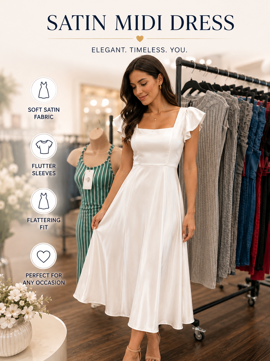 White Satin Midi Dress – Flutter Sleeve Elegant Party & Occasion Dress