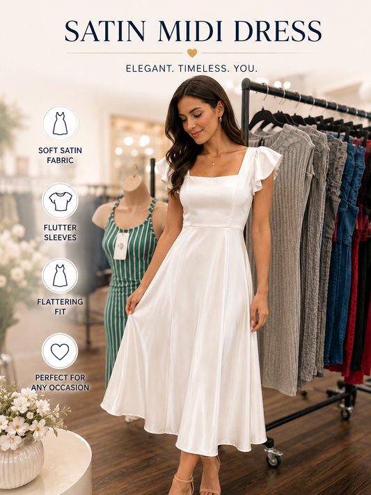 White Satin Midi Dress – Flutter Sleeve Elegant Party & Occasion Dress