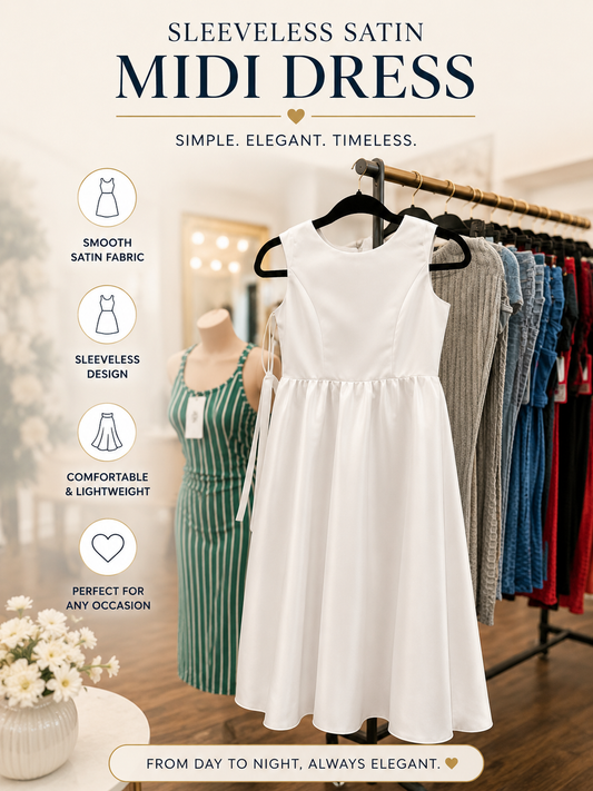 Women’s White Satin Sleeveless Midi Dress – Elegant Fit & Flare Dress