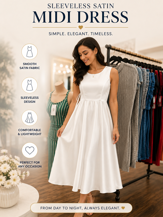 Women’s White Satin Sleeveless Midi Dress – Elegant Fit & Flare Dress