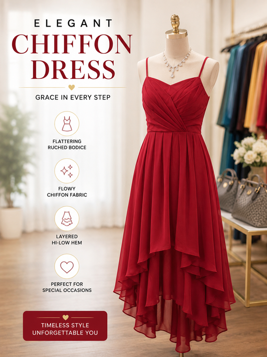 Byenblan Women’s Elegant Red Chiffon Hi-Low Dress