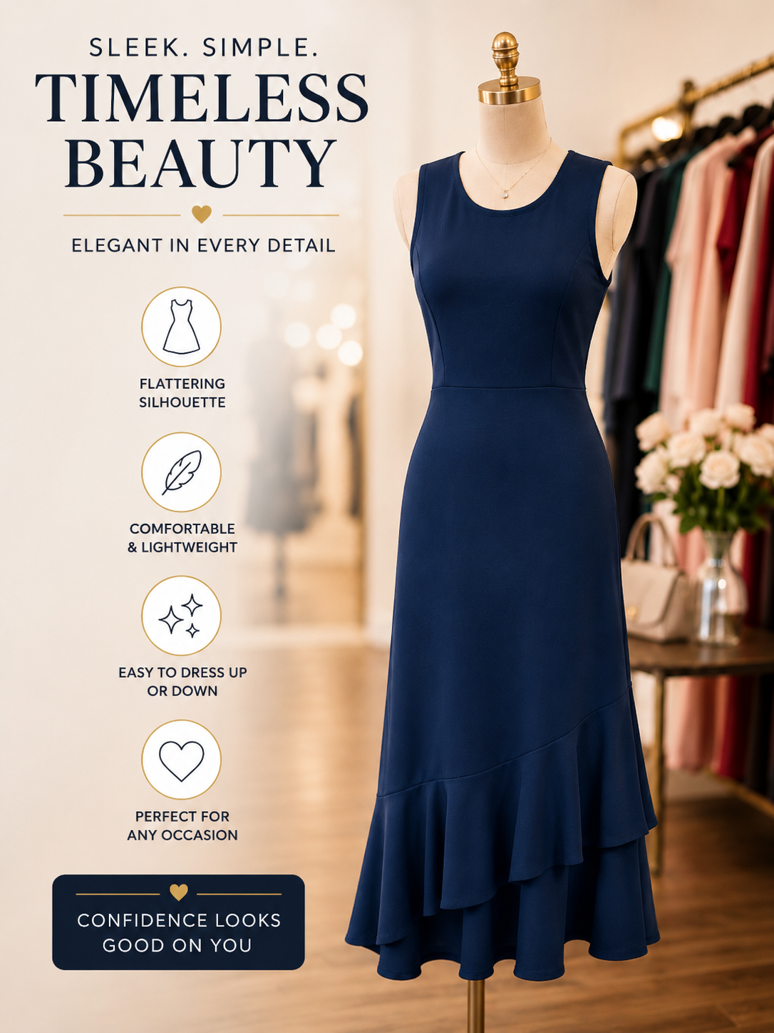 Women’s Elegant Navy Sleeveless Ruffle Hem Midi Dress