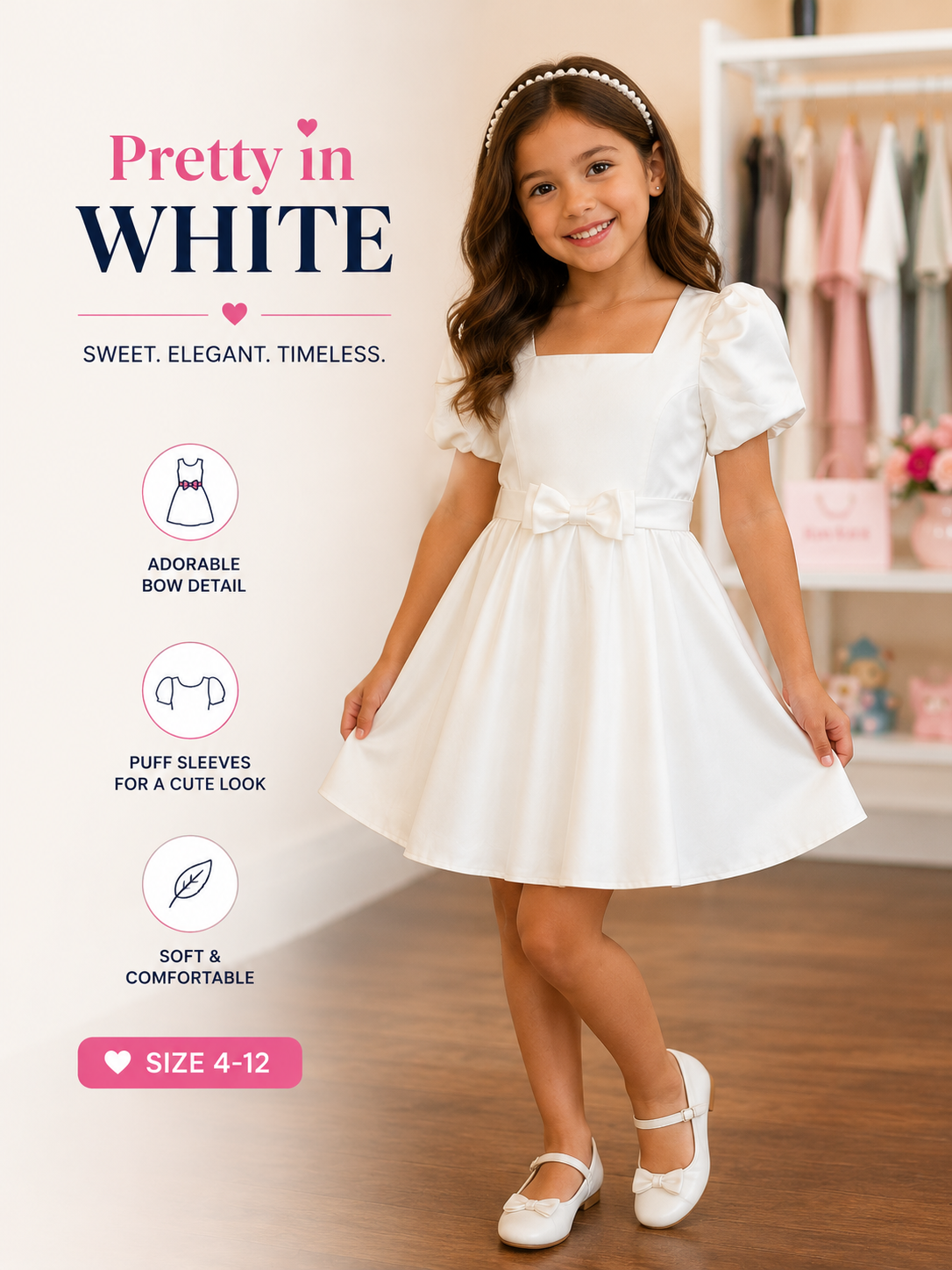 Girls’ White Puff Sleeve Party Dress with Bow