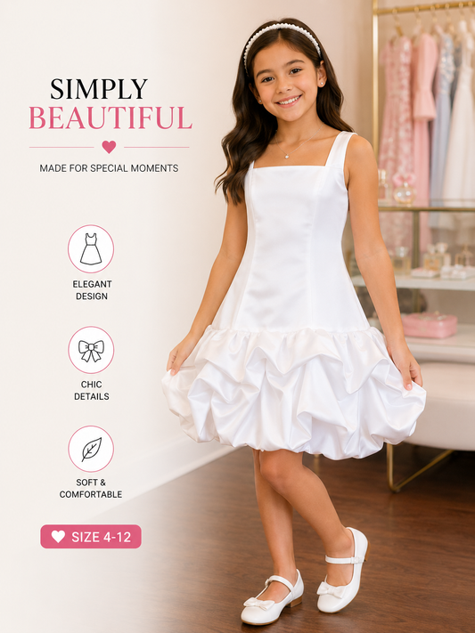 Girls’ White Satin Bubble Hem Party Dress