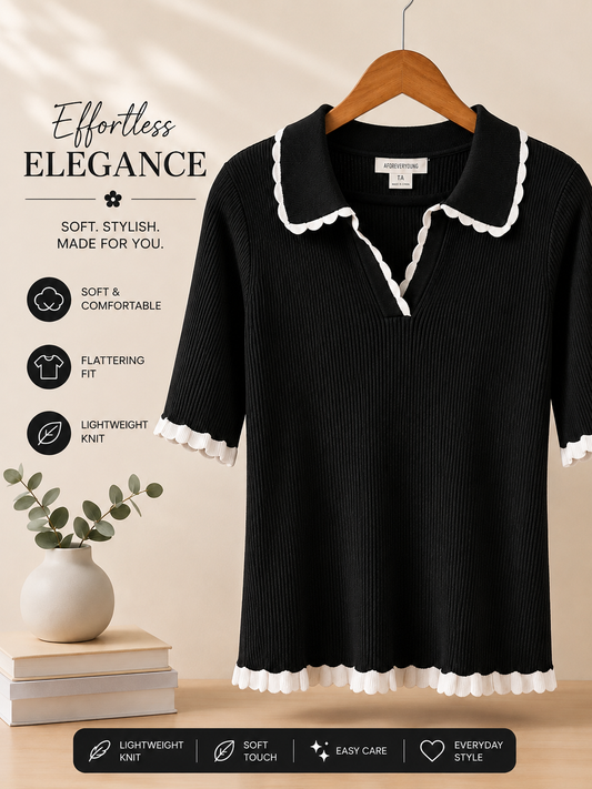 Women’s Ribbed Knit Polo Top – Black
