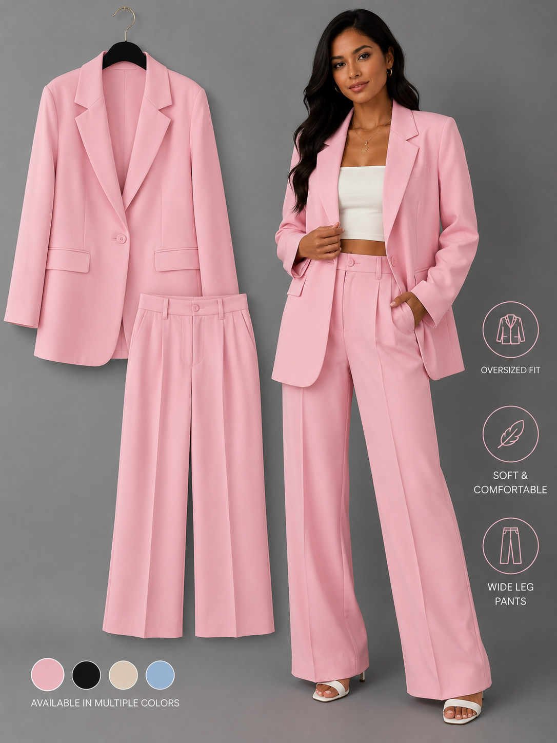 Women’s Oversized Pink Blazer & Wide-Leg Pant Suit Set