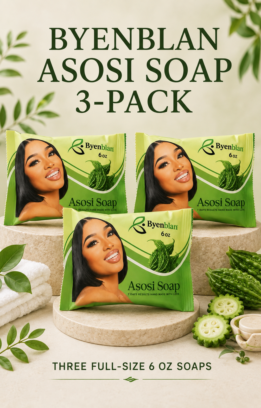 Byenblan Asosi Soap 6 oz 3-Pack Bitter Melon Face Body Cleansing Bars